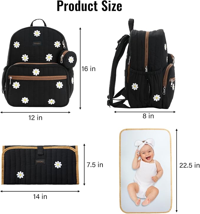 GOBABYMART Large Diaper Bag Backpack with Changing Pad, Insulated Bottle Pockets, Travel & Hospital Bag for Mom & Dad (Large - Black Flowers)