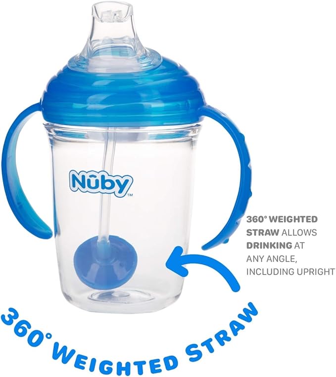 Nuby 360 Grip N' Sip 8oz Tritan Cup, Weighted Straw with Hygienic Cover, Blue