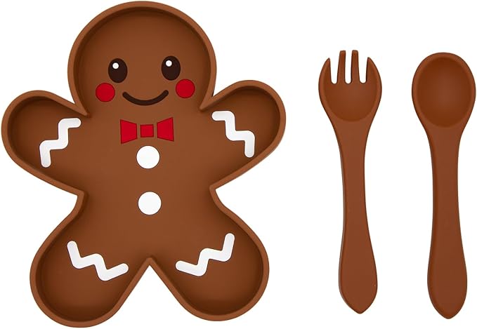 BabyX Baby Silicone Feeder Set, 3-pcs Gingerbread-themed Baby Plate with Suction, Spoon and Fork for Babies Toddler Kids, BPA-Free, Baby Utensils Feeding Supplies, Microwave and Dishwasher Safe