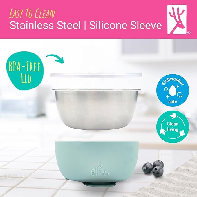 Elk and Friends Stainless Steel Bowls with Silicone Sleeve for Babies & Toddlers | Lids Included | Stay Put Suction | Cereal & Snack Bowls | 4 Pack