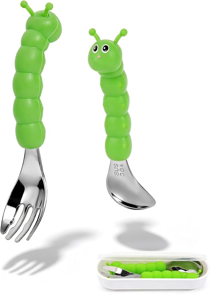 Toddler Utensils, Stainless Steel Baby Forks and Spoons Set Caterpillar Silicone Handle, Kids Silverware with Portable Storage Case, Baby Feeding Essentials, Dishwasher Safe (Green)