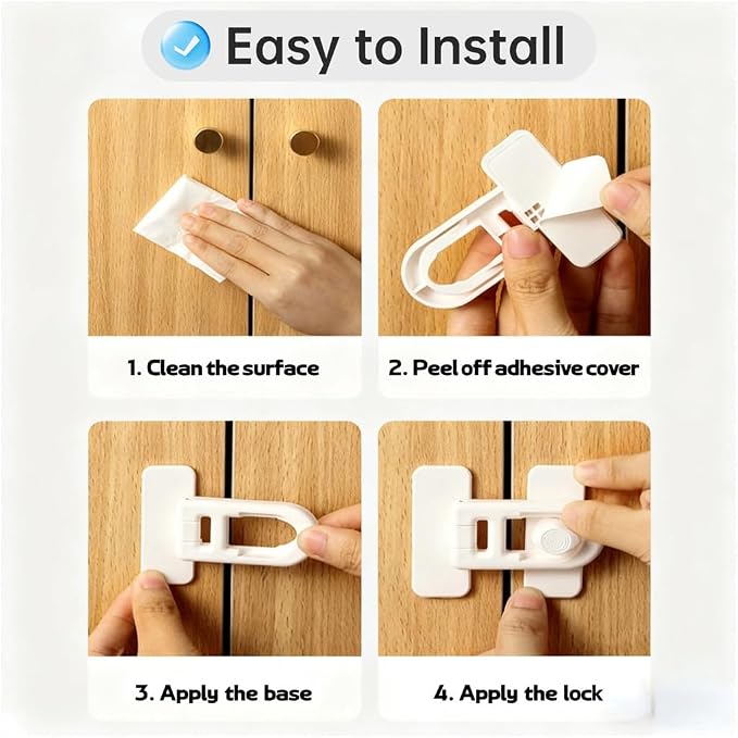 4 Pack Child Proof Cabinet Locks,Baby Proofing Locks for Cabinets, Oven, Freezer & More,Easy to Install, No Drill, Secure Adhesive (White)