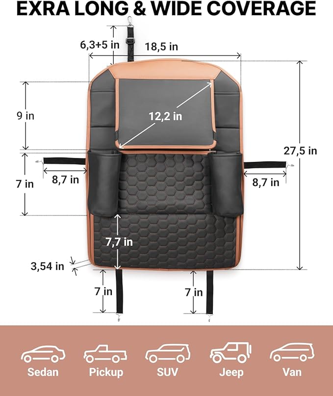 Owleys Back of Seat Organizer for Kids | Car Storage Caddy ??8 Pockets + Transparent Tablet Holder | Waterproof Eco-Leather | 27.5' x 18.5' | Brown+Black