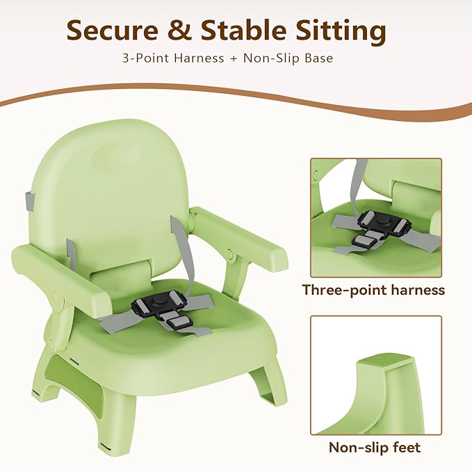 Booster Seat for Kitchen Chair, 3-in-1 Foldable & Portable Booster Seat with Tray, Extra Dishwasher-Safe Tray, Safety Straps for 6??8M (Up to 30 lbs), for Dining Table & Travel, Green