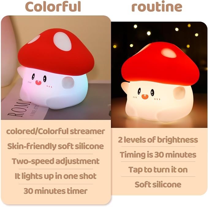 Rytinazzz Silicone Night Light for Kids, 50H Long Battery Mushroom Lamp, RGB Color Changing Mood Light, Gift for Kids, Rechargeable Tap Control, Dimmable Bedside Light