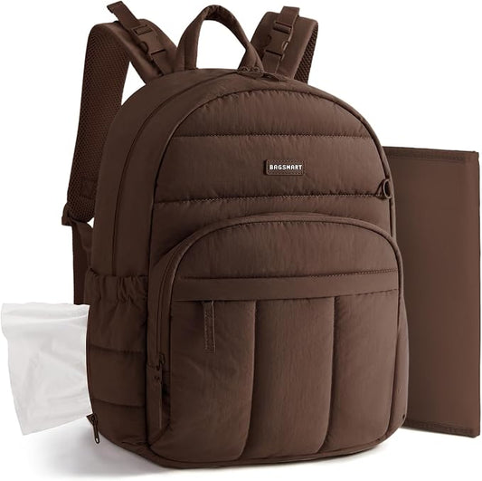BAGSMART Diaper Bag Backpack, Multi-Pocket Puffy Diaper Bag with Waterproof Changing Pad, Lightweight Stroller-Friendly Diaper Bag with Insulated Pockets, Easy-Access Baby Essential, Coffee Brown
