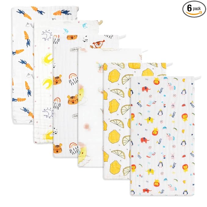 norinori Baby Burp Cloths Muslin Washcloths 6Pack - Muslin Burp Cloths Hanky Large 20''x10'' Extra Soft Absorbent Baby Burp Rags for Newborn 100% Cotton for Boys Girls Gift 6 Layers Machine Washable