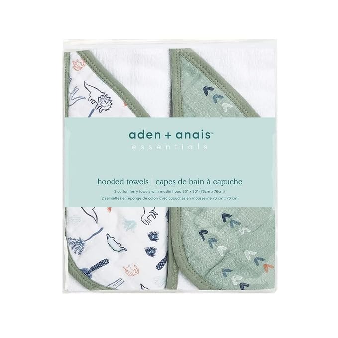 aden + anais Aden Classic Hooded Baby Bath Towel, Super Soft 100% Cotton, 2 Pack, Dinotime