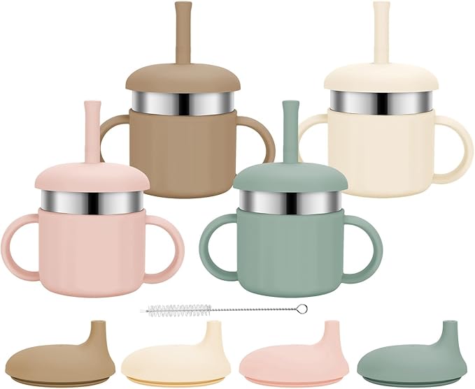 Baby Sippy Cups, 7.4 Oz Stainless Steel Training Cup with Silicone Straws, 3 Stages for Infants Toddlers 6-12 Month and Kids 1-3 Year, 4 Colors