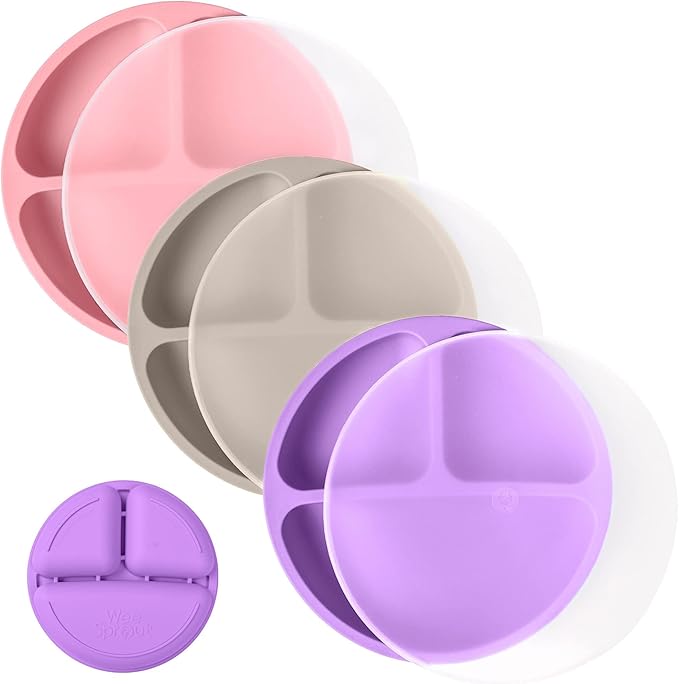 WeeSprout Silicone Plates for Babies & Toddlers (3 Pack) 100% Food-Grade Dishes for Self Feeding, Divided Design & Raised Edges for Picky Eaters, Dishwasher & Microwave Safe Weaning Supplies