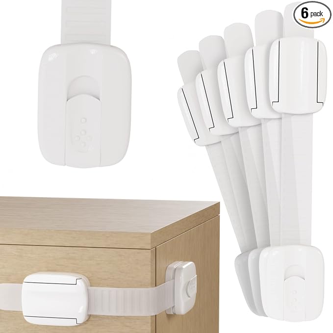 6 Pack Child Safety Strap Locks. Locks for Cabinets No Drilling. Sticky Child Safety Drawer Locks Baby Proofing. Refrigerator Strap Lock for Kitchen