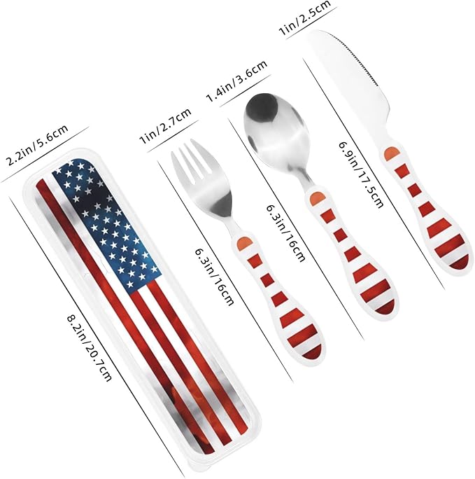 Vintage American USA Flag Print Knife, Fork and Spoon Set - Stainless Steel Flatware Set, Silicone Handle, Durable Kitchen Utensils