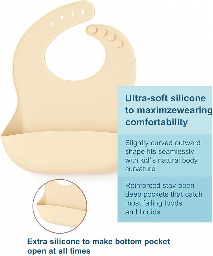 Silicone Baby Bibs (Pack of 3) with Food Catcher Pocket ??Waterproof, Easy to Clean, Adjustable & Comfortable for Infants & Toddlers