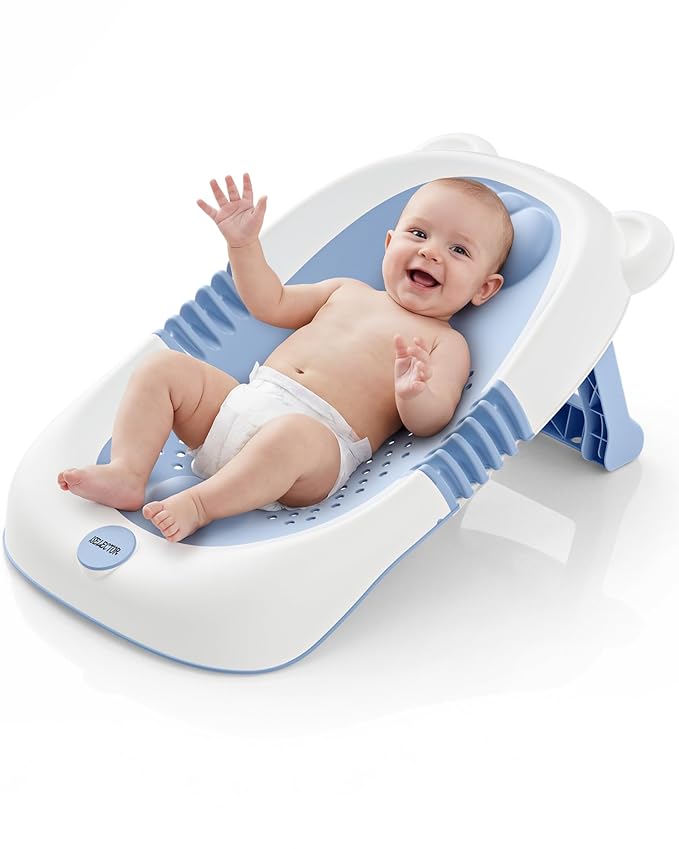 ISELECTOR Baby Bath Support Foldable Baby Bathtub Bath Tub for Newborn Infant Baby Bath Seat with Non-Slip Suction Cup 0-6 Months Infant Essentials Must Haves Ideal for Newborn Gifts (Blue)