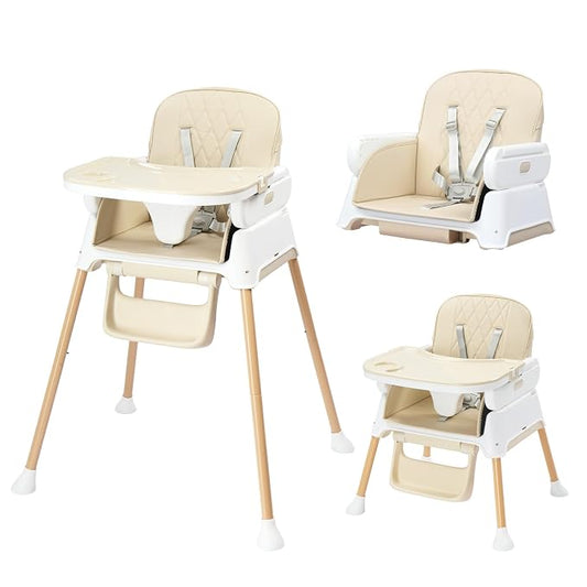 JOYMOR 5 in 1 Baby High Chair for Babies and Toddlers, Portable Highchair Fold Compact, ConvertibleBaby Feeding Chair Booster for Eating with Detachable Double Tray, 5 Point Harness (Beige)
