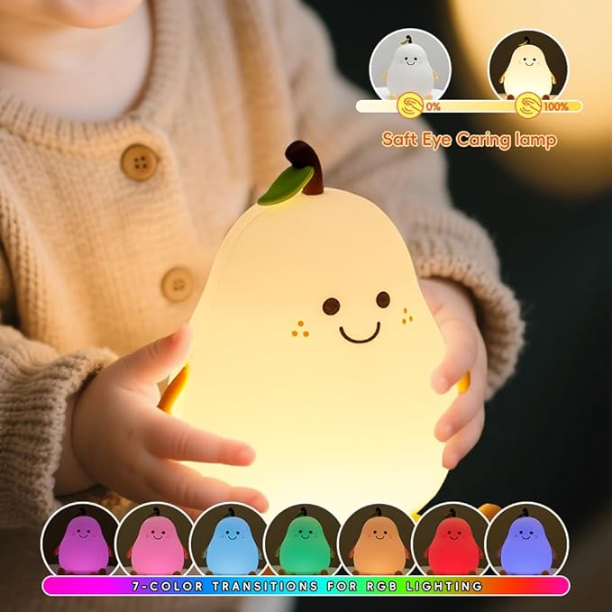 Pears Baby Night Light for Kids, Squishy Silicone Pear Night Lamp, 7 Colors 3 Dimmable LED Night Lights for Nursery Decor, Rechargeable Bedroom Nightlight Baby Touch Lamp, Gifts for Girls Boys Toddler