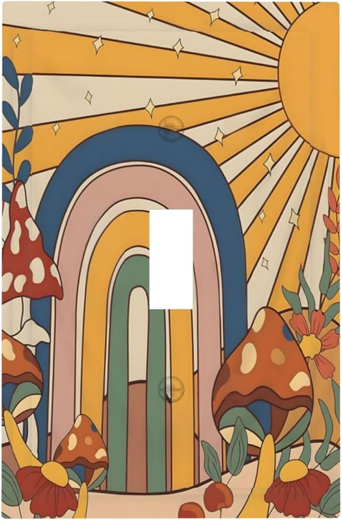 Boho Sun Rainbow Mushroom Hippie Vintage Floral Decorative Light Switch Cover 1 Gang Single Toggle Device Electrical Faceplate Switchplates Decorator Outlet Wall Plate for Kids Room Nursery Decor