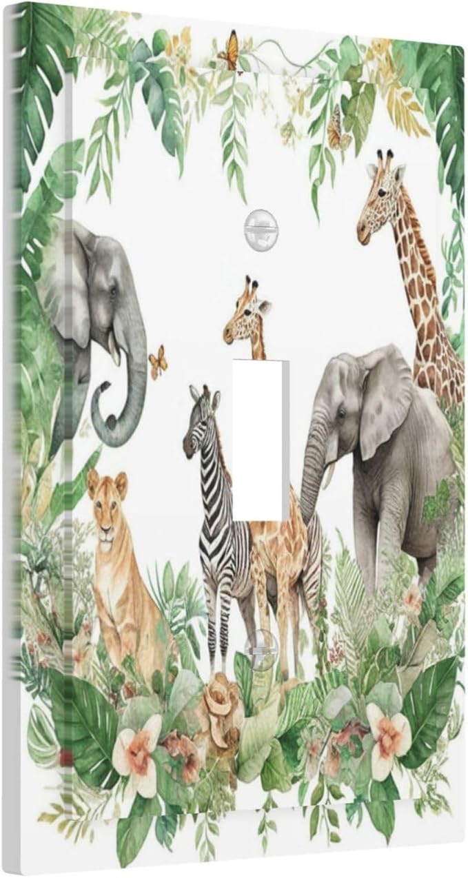 Tropical Leves Safari Animals Giraffe Elephant Zoo Decorative Light Switch Cover 1 Gang Single Toggle Device Electrical Faceplate Switchplates Decorator Outlet Wall Plate for Kids Room Nursery Decor