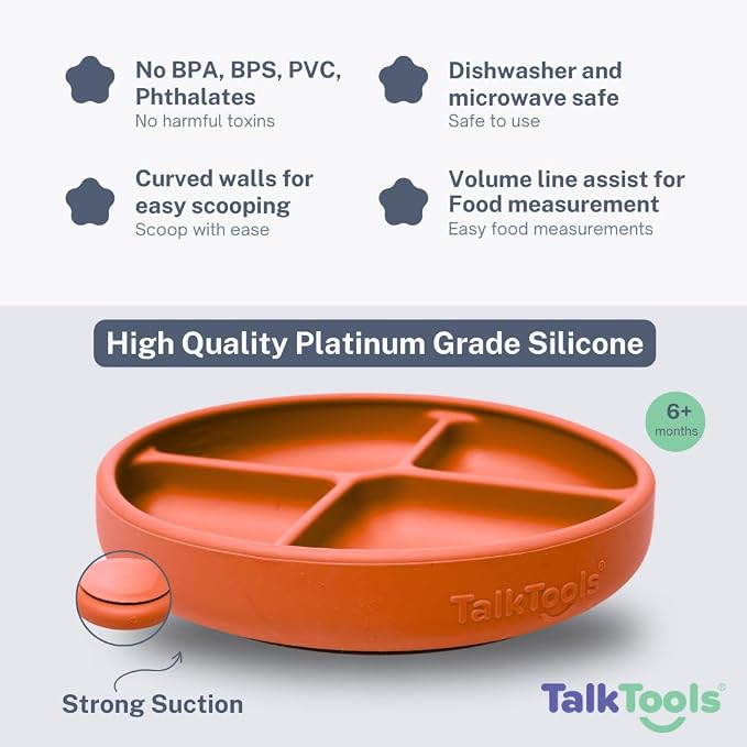 TalkTools Itsy Plate Must-Have Silicone Baby Plates with Suction | Non-Toxic Toddler Feeding Plate | Divided Portion | BPA-Free, Easy-Clean, Travel-Friendly Baby Dishware - Made in USA (Tangerine)