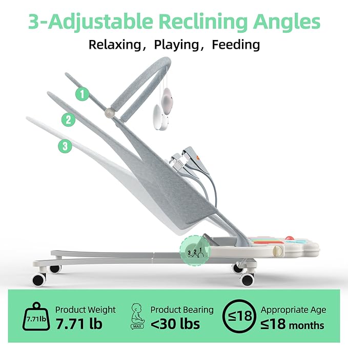Portable Baby Bouncer Seat 0-18 Months,Detachable Piano & Hanging Toys,3-Level Recline (Rock/Fix),Foldable with Quiet Wheels,Baby Shower