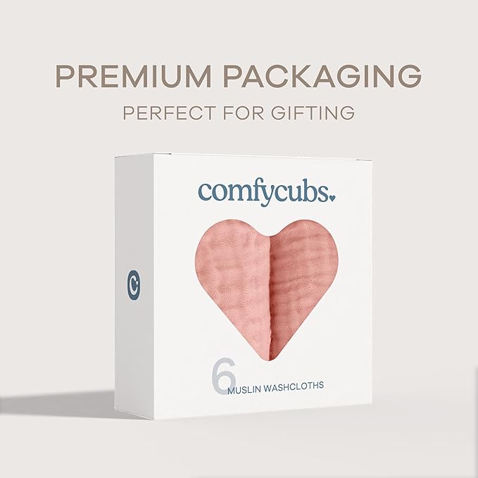 Comfy Cubs Muslin Baby Washcloths 6 Pack - Soft 6-Layer Cotton Wash Cloths for Sensitive Skin - 10"x10" Large, Gentle, Absorbent Infant Essentials for Newborn and Toddlers - Bold Blush