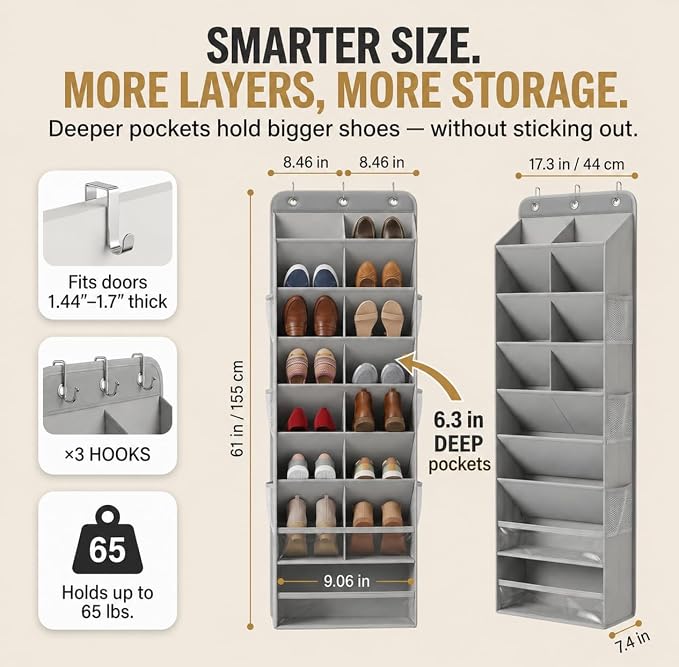 8 Tier Hanging Shoe Organizer – 100D Extra Thick Deep Pockets, Shoe Rack for Closet, Shoe Rack for Entryway, Over the Door Shoe Organizer for Closet with 6 Side Pockets for Boots (Pink)