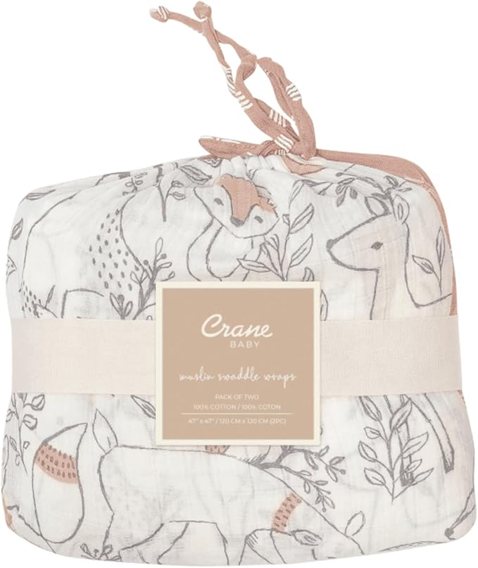 Crane Baby 100% Cotton Muslin Swaddle Blankets, Ezra Woodland Animal, Baby Swaddle Blanket, Set of 2, 47" x 47", Swaddles for Newborns, Baby Muslin Swaddle Blanket, Swaddle Blankets for Boys & Girls