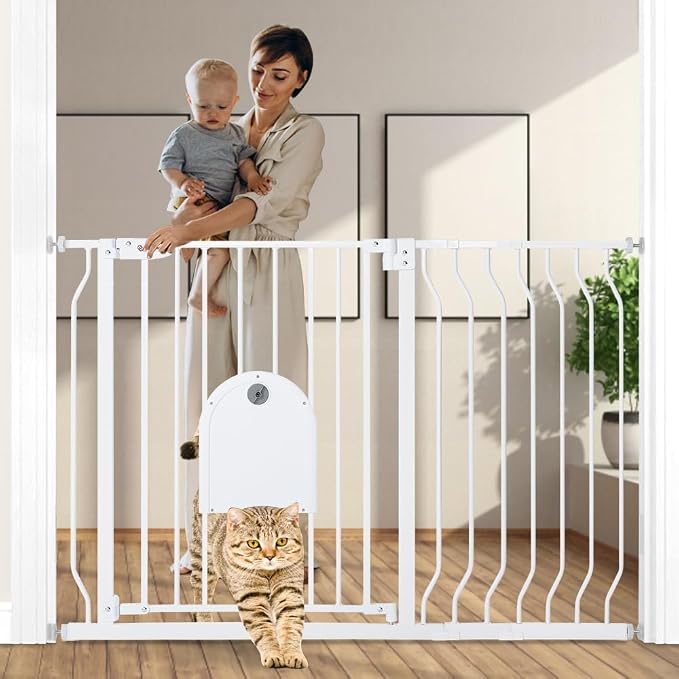 COMOMY Baby Gate with Cat Door Extra Wide 29.5-48.4 Inch 30 Inch Tall Auto Close Walk Through Pet Gate for Stairs Doorways Pressure Mounted Metal White