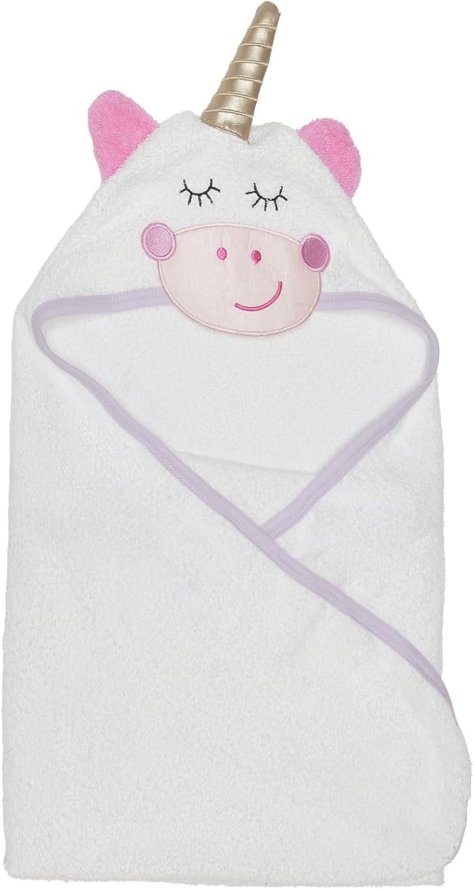 EVERYDAY KIDS Hooded Baby Toddler Bath Towel for Girls - 3D White Unicorn Towel with Horn; Soft and Absorbent Terry Cloth Hooded Towel for Young Kids; Baby Girl Bath Essential