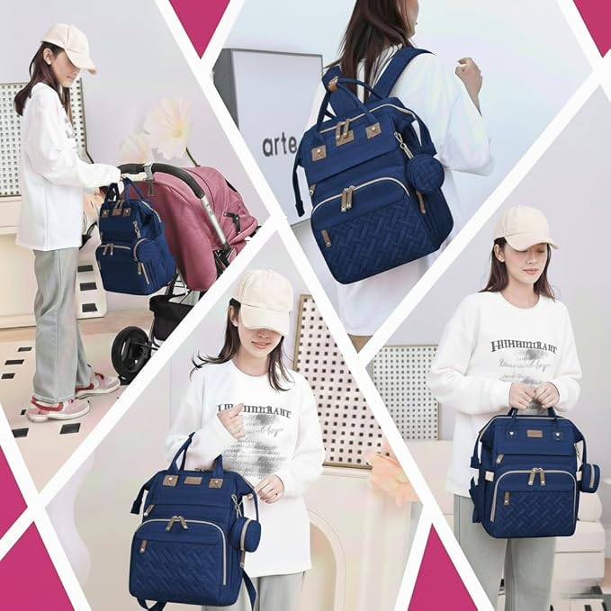 Diaper Bag With Changing Pad, Travel Waterproof Bagpack Diaper Bag For Mom Dad With USB Charging Port, Large Capacity & Multifunctional With Insulated Pacifier Case -Dark Blue