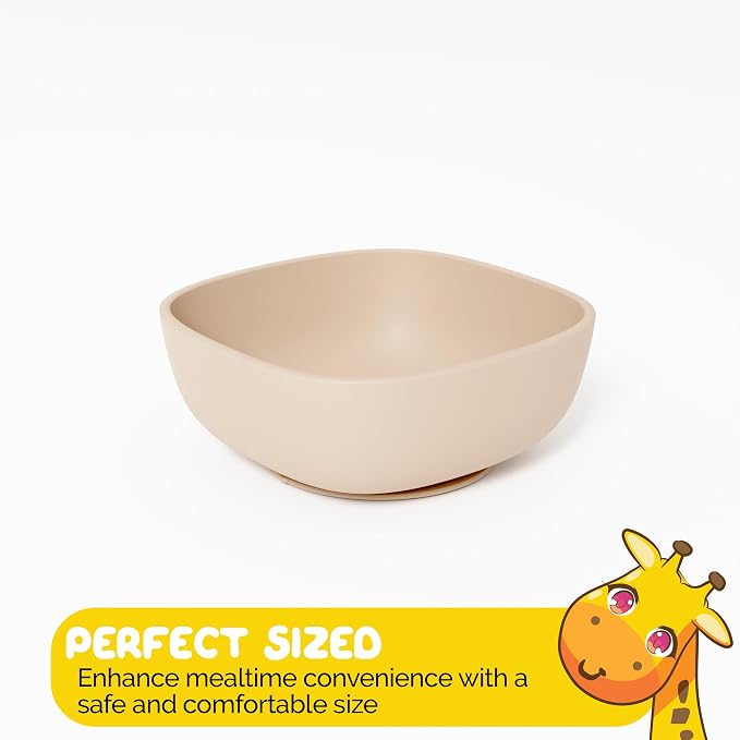 Silicone Baby Feeding Set with suction bowls for baby baby utensils 6-12 months in Beige color - (3 Piece Set) made with Baby Safe Silicone bowls for baby
