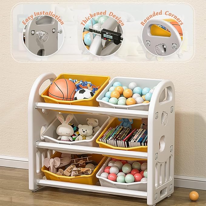 Kids Toy Organizer with 6 Storage Bins, Toy Organizer and Storage for Kids’ Toys, Children Toy Storage Organizer for Playroom, Kids Room, Nursery Room (Yellow)