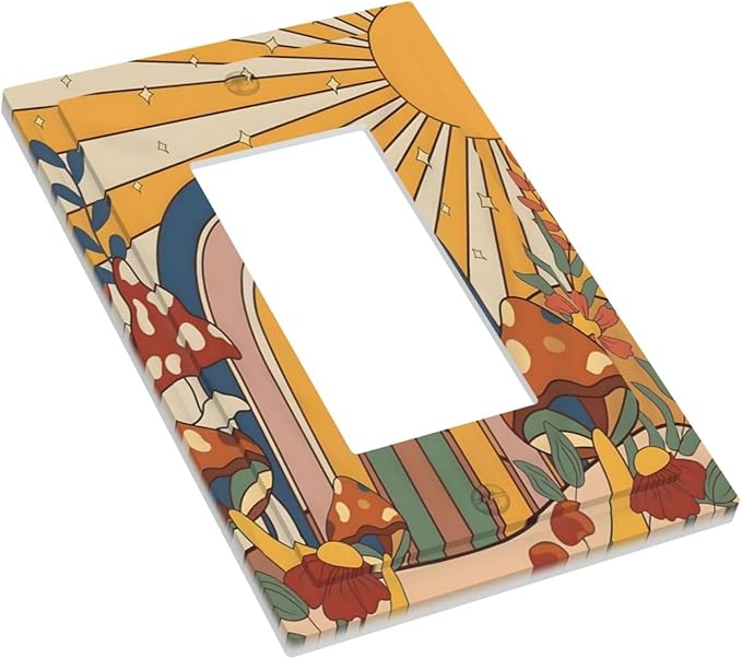 Boho Sun Rainbow Mushroom Hippie Vintage Floral Decorative Outlet Covers 1 Gang Single Rocker Light Switch Cover Plate Wall Plates GFCI Faceplate for Kids Room Nursery Decor