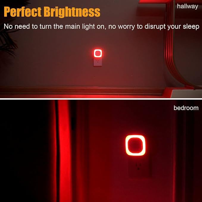 YUNLEX 6 Pack Red Night Light with Dusk to Dawn Sensor, Eye-Care Reflected Glow, 0% Blue Light True Red LED, 3-Level Brightness, Auto On/Off, Plug-in Nightlight for Sleep, Kids, Bedroom, Bathroom
