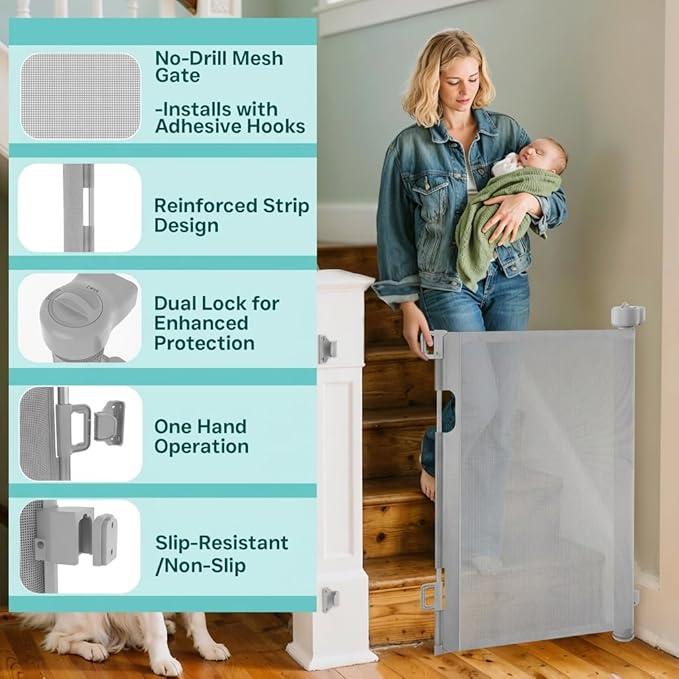 Retractable Baby Gate,Mesh Baby Gate or Mesh Dog Gate,34" Tall,Extends up to 55" Wide,Child Safety Gate for Doorways, Stairs, Hallways, Indoor or Outdoore (Gray, 55''Wide 34''Tall)