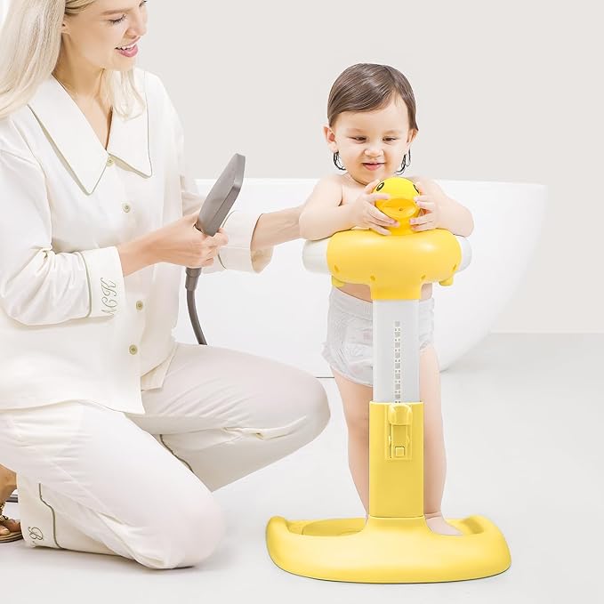 Baby Shower Stand, Toddler Bath Standing Support with Anti-Slip Base and Shower Holder, Adjustable Height, Soporte para Bañera de Bebé, Ideal Gift for Infants 6-36 Months-Yellow (Upgraded-Duck)