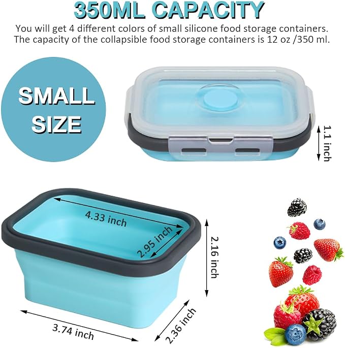Small Collapsible Silicone Food Storage Container(12 Oz) 4 Pack, Silicone Storage Containers for Snack, Fruit, Stackable, Space Saving