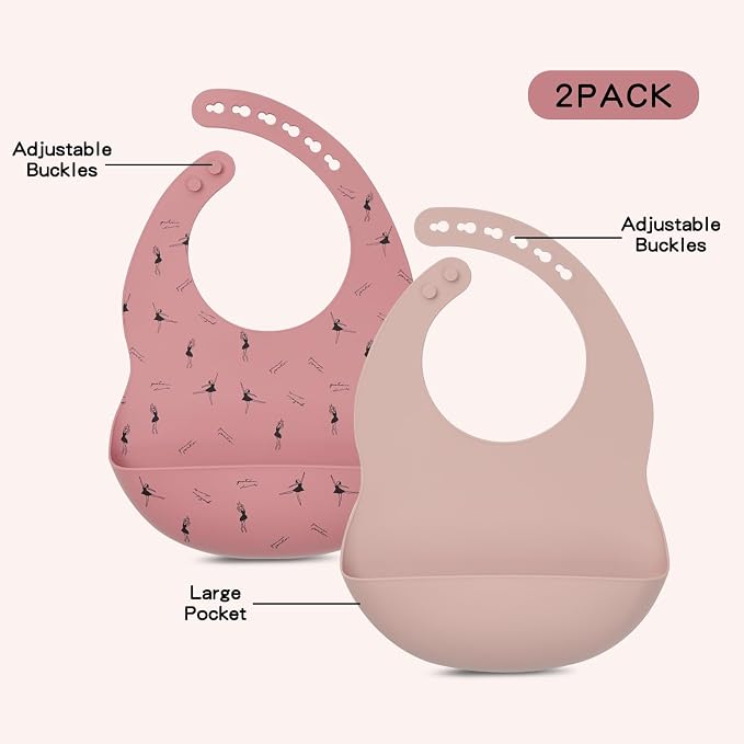 LITTLE RAWR Silicone Baby Feeding Set, Baby Led Weaning Supplies, Baby Spoons Suction Divided Plate Bib Cup, First Stage Solid Food Eating Utensils - 6+ Months(Pink-Red)