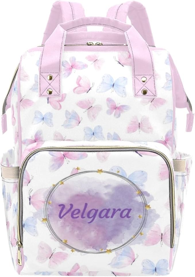 Custom Colorful Butterfly Diaper Bag for Women, Personalized Name Multifunction Nylon Nursing Mommy Daypack with Large Capacity for Travel, Birthday Mother Gift