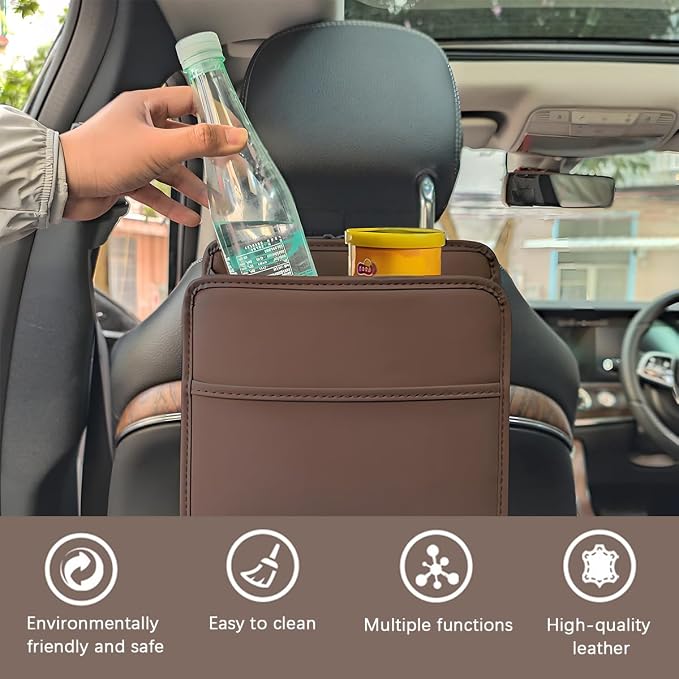 Zpana Car Seat Back Organizer, Leather Multipurpose Hanging Vehicle Backseat Headrest Storage Bag, Automotive Pouch Pocket Organizer for Kids & Adults, Universal for Truck SUV Sedan (Brown)