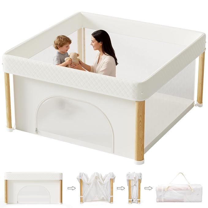 Foldable Baby Playpen, 59x59 Foldable Play Pen for Babies and Toddlers, Portable Playpen Indoor Outdoor, Kids Safety Area Travel Play Yard with Storage Bag White