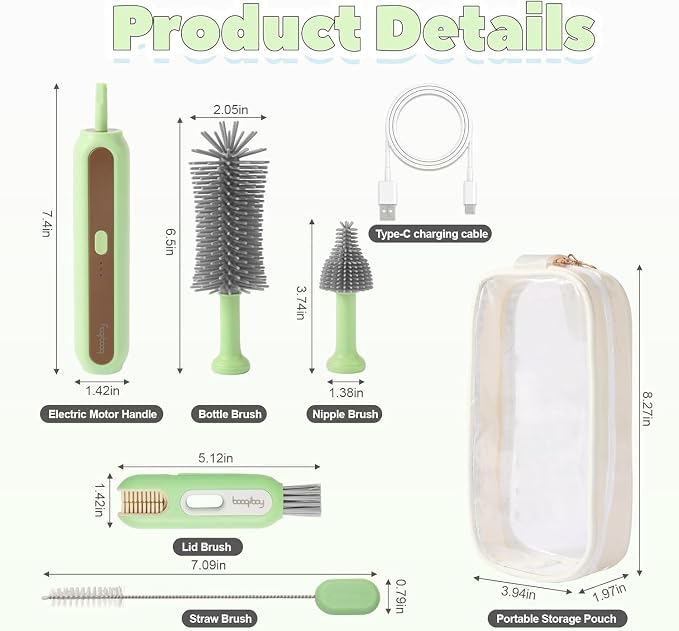Electric Baby Bottle Brush Cleaner, 5-in-1 Travel Kit with Storage Bag, Food-Grade Silicone, Long Battery Life, Portable Baby Bottle Cleaner Brush Set, Ideal Gift for Parents & Babies (Green)