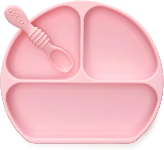 PrimaStella Unbreakable Silicone Non-Slip Baby & Toddler Plate and Spoon Feeding Set - Pink
