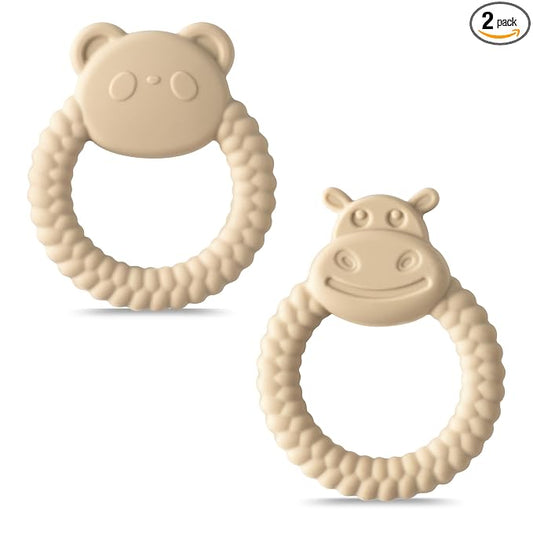 Silicone Teething Toy for Babies - 2ooya 2Pcs Bear Animal Theme Teething Ring Relief Chew Toy Infant Sore Gums Pain Soft Food Grade Silicone Teethers for Toddler 6-12 Months Birthday Baby Shower