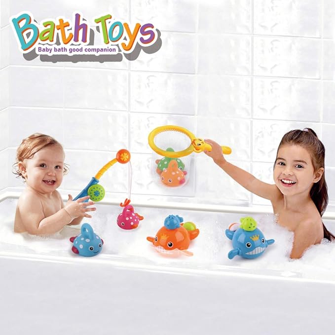 Dwi Dowellin Bath Toys Fishing Games Swimming Whales Bath Time Bathtub Toy for Toddlers Baby Kids Infant Fish Set Age 18months and up
