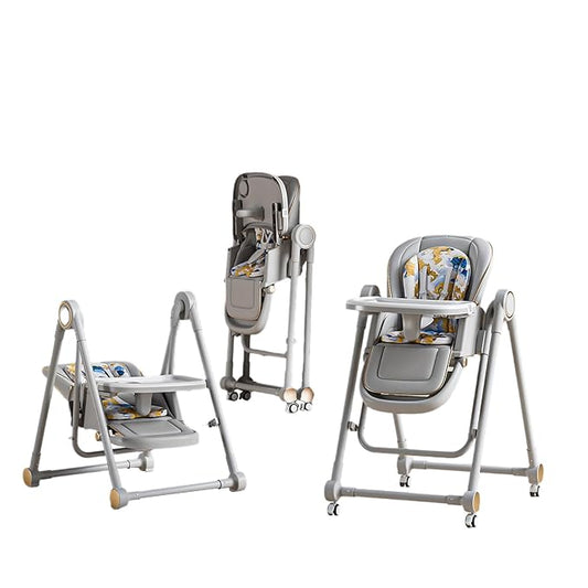 Multi Functional All in 1 Baby High Chair Swings for Infants Foldable Rocking 8 Level Height Adjustment Eco Friendly Washable PU Cushion Ultimate Baby Feeding Chair (Gray)