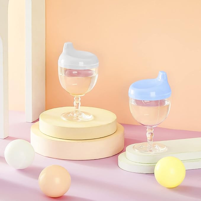 Irenare 2 Pcs Baby Wine Sippy Cup Plastic Goblet Cup No Spill Toddler Sippy Goblet Beverage Milk Water Bottle for Kids Holiday Birthday Party Funny Gift (Goblet Style,Blue,White)