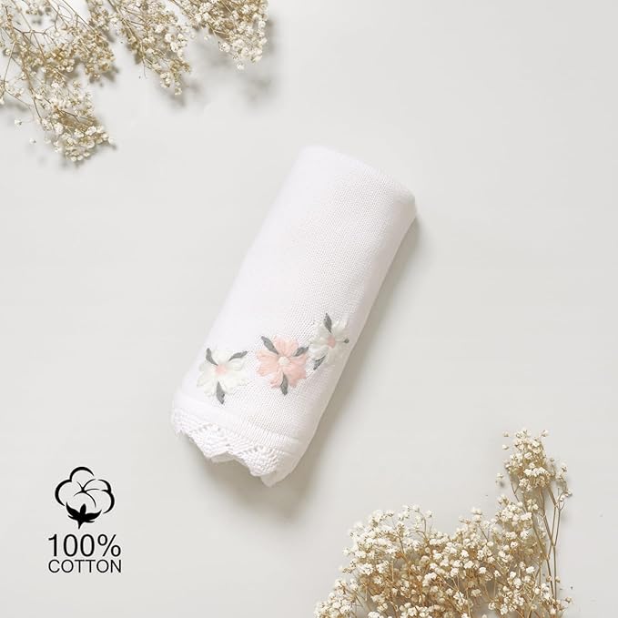 LAWKUL Baby Blanket 100% Traceable Cotton Knit Receiving Blankets Soft Swaddle for Newborn Boy Girls 40"x30" White Floral