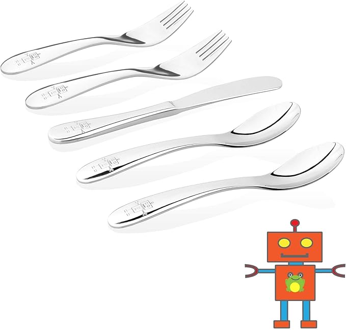 Kids Stainless Steel Utensil Set | Premium #304 (18/8) | Robot Design | 5-piece Set: 2 Spoons, 2 Forks, & 1 Butter Knife | Safe & Durable for Toddlers and Children | by Kiddobloom
