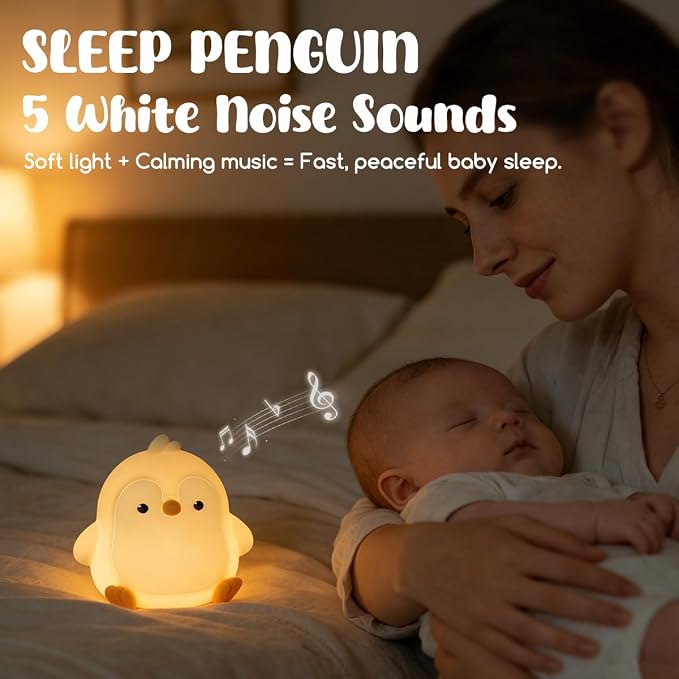 LEDHOLYT Cute Penguin Night Light for Kids, 3 Adjustable Brightness Levels & 6 White Noise Sounds,Rechargeable Variable Color Penguin lamp Gifts,Cute Room Decor Night Light for Kids Girls Boys